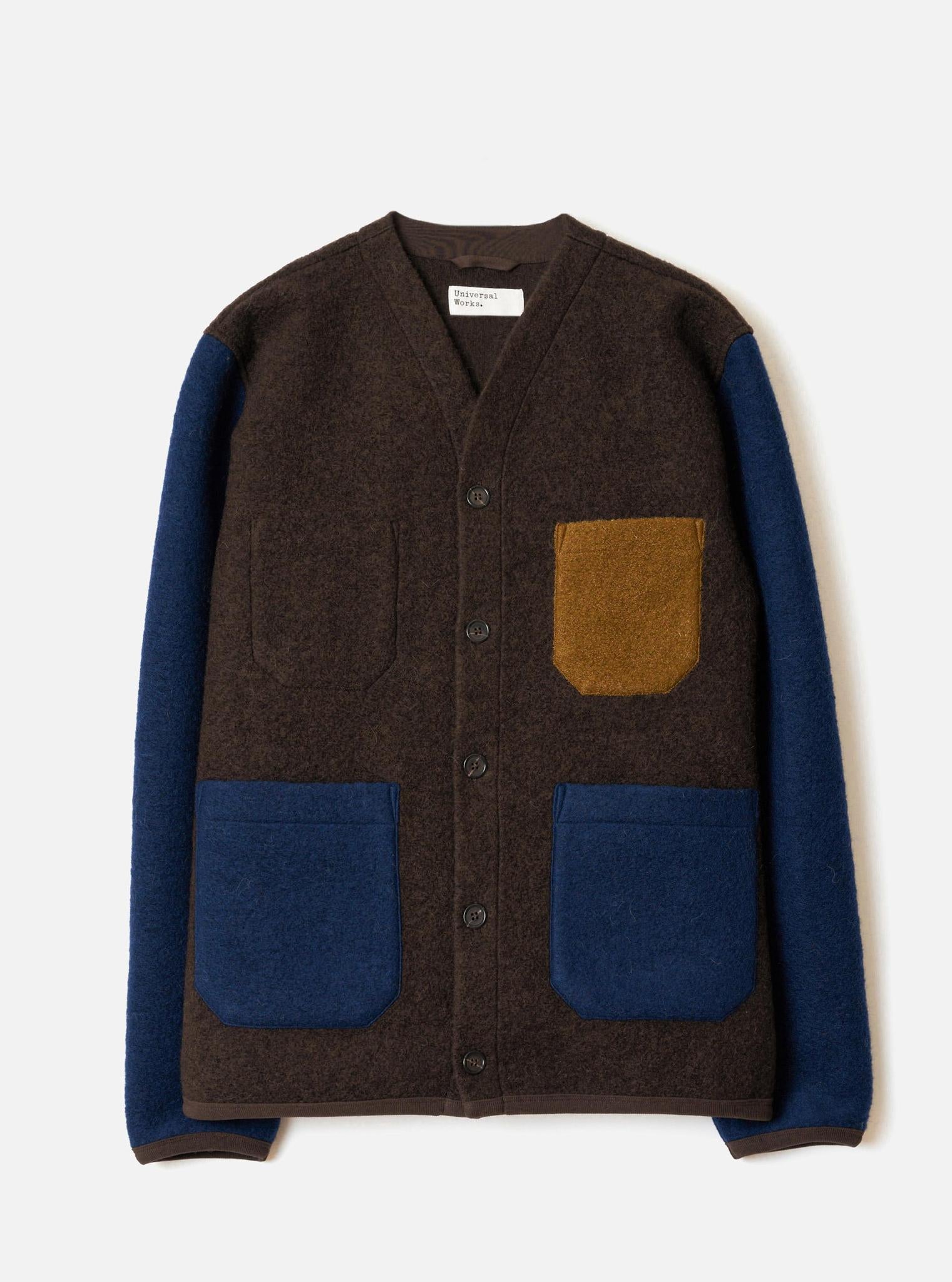 UNIVERSAL WORKS WOOL FLEECE CARDIGAN - BROWN / INDIGO