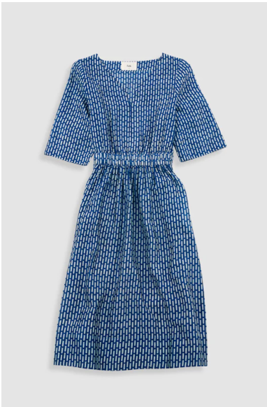 FOLK WOMENS GATHERED DRESS - COBALT ECRU DASH PRINT