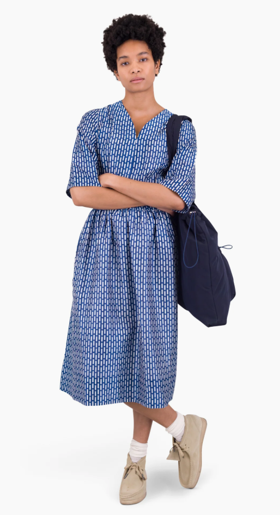 FOLK WOMENS GATHERED DRESS - COBALT ECRU DASH PRINT