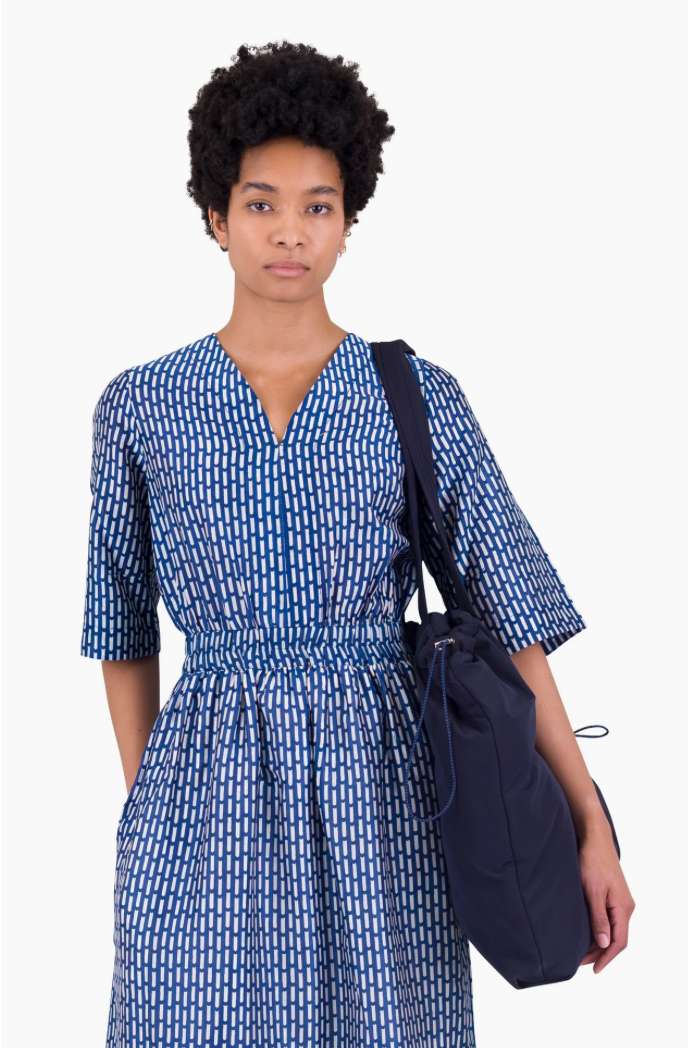 FOLK WOMENS GATHERED DRESS - COBALT ECRU DASH PRINT