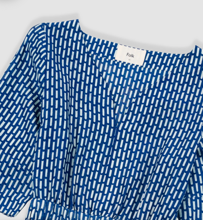 FOLK WOMENS GATHERED DRESS - COBALT ECRU DASH PRINT