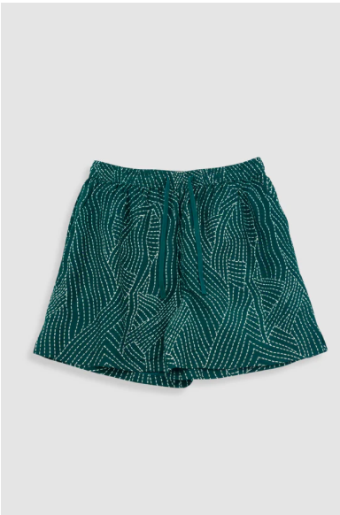 FOLK WOMENS WIDE SIGNAL SHORTS - VINTAGE GREEN STITCH PRINT