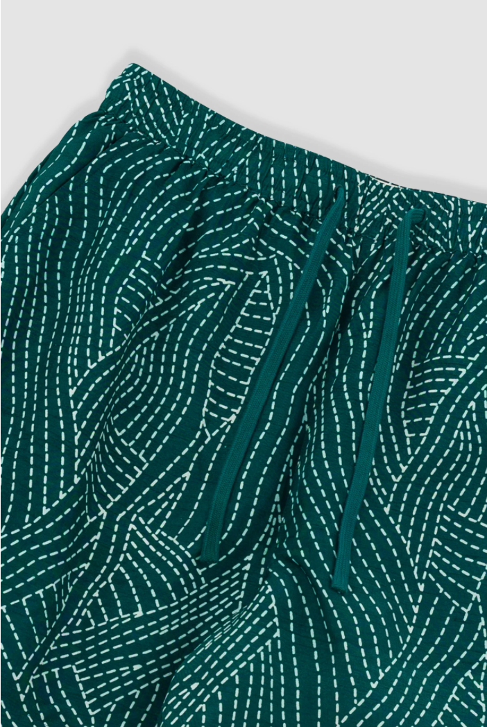 FOLK WOMENS WIDE SIGNAL SHORTS - VINTAGE GREEN STITCH PRINT